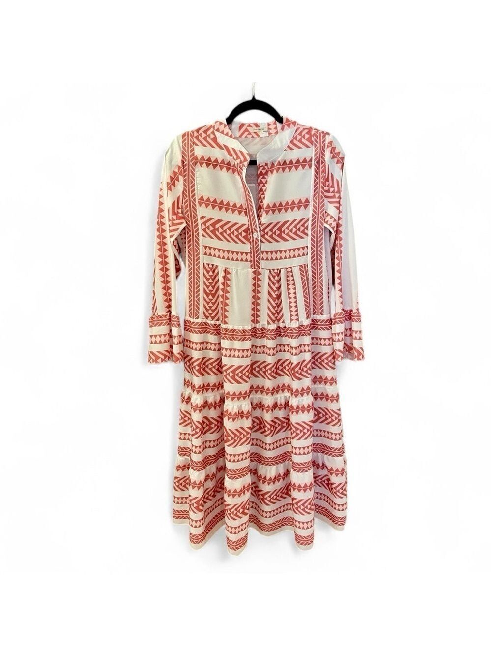 SundayUp Maxi Dress, Size S, Red & White Geometric Print, Long Sleeves Coastal